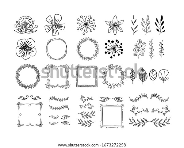 Vector set of vintage black floral flowers\
and wreath frames silhouette line art drawing decor elements for\
decoration isolated on white\
background.