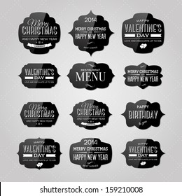 Vector set of vintage black glossy plastic labels for christmas, birthday, valentine's day, restaurant menu