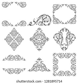 Vector set vintage border frame engraving with retro ornament pattern in antique rococo style decorative design elements