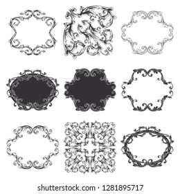 Vector set vintage border frame engraving with retro ornament pattern in antique rococo style decorative design elements