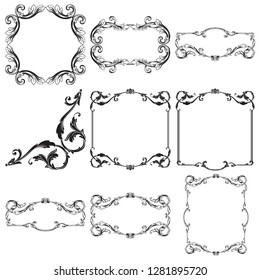 Vector set vintage border frame engraving with retro ornament pattern in antique rococo style decorative design elements