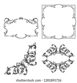 Vector set vintage border frame engraving with retro ornament pattern in antique rococo style decorative design elements