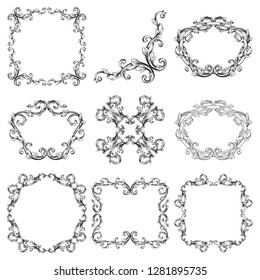 Vector set vintage border frame engraving with retro ornament pattern in antique rococo style decorative design elements