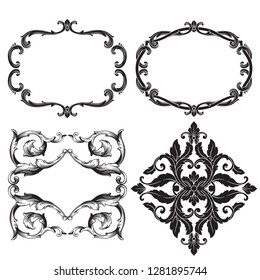 Vector set vintage border frame engraving with retro ornament pattern in antique rococo style decorative design elements