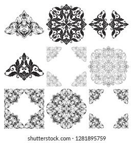 Vector set vintage border frame engraving with retro ornament pattern in antique rococo style decorative design elements