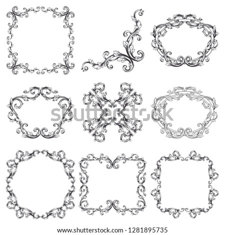 Vector set vintage border frame engraving with retro ornament pattern in antique rococo style decorative design elements