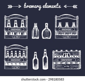 Vector set of vintage brewery elements. Retro collection with beer icons, signs. Lager, ale hand drawn symbols. Sketches of boxes or crates with bottles.
