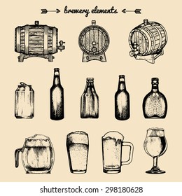 Vector set of vintage brewery elements. Retro collection with beer icons or signs. Lager, ale hand drawn symbols. Barrels, bottles, glasses, mugs sketched illustrations.