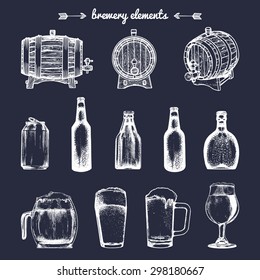 Vector set of vintage brewery elements. Retro collection with beer icons or signs. Lager, ale hand drawn symbols. Barrels, bottles, glasses, mugs sketched illustrations.