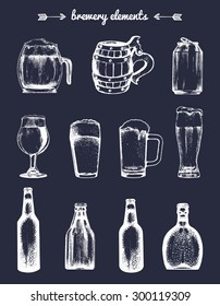 Vector set of vintage brewery elements. Retro collection with beer icons or signs. Lager, ale hand drawn symbols. Barrels, bottles, glasses, mugs, herbs and plants  sketched illustrations.