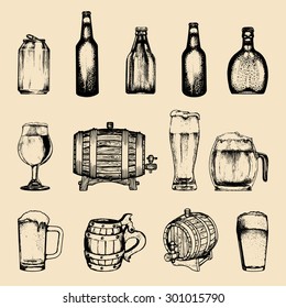 Vektorset von Vintage Brauereielementen. Retro-Kollektion mit Biersymbolen oder -Zeichen. Lager, handgezeichnete Symbole. Barrel, Flaschen, Brillen, Becher, können Illustrationen skizzieren.