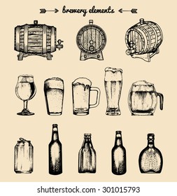 Vector set of vintage brewery elements. Retro collection with beer icons or signs. Lager, ale hand drawn symbols. Barrels, bottles, glasses, mugs, can sketched illustrations.