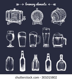 Vector set of vintage brewery elements. Retro collection with beer icons or signs. Lager, ale hand drawn symbols. Barrels, bottles, glasses, mugs, can sketched illustrations.