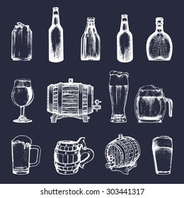 Vector set of vintage brewery elements. Retro collection of beer icons or signs. Lager, ale hand drawn symbols. Barrels, bottles, glasses, mugs, can sketched illustrations.