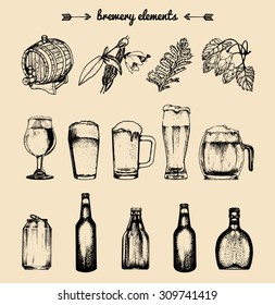 Vector set of vintage brewery elements. Retro collection with beer icons or signs. Lager, ale hand drawn symbols. Barrels, bottles, glasses, mugs, brewing plants, can sketched illustrations.