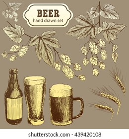 Vector set of vintage brewery elements. Retro collection with beer elements.Sketch illustration. Vector.