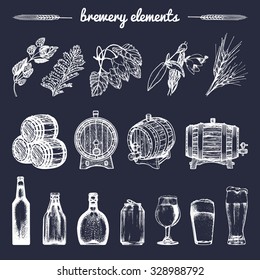 Vector set of vintage brewery hand sketched elements: barrel, bottle, glass, mug, herbs and plants. Retro beer icons collection. Lager, ale background. 