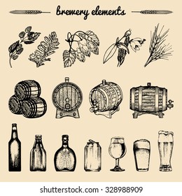 Vector set of vintage brewery hand sketched elements: barrel, bottle, glass, mug, herbs and plants. Retro beer icons collection. Lager, ale background. 