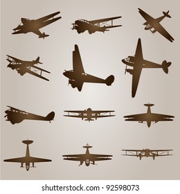 Vector set of vintage brown planes or aircraft for flight or transportation designs on a beige old background