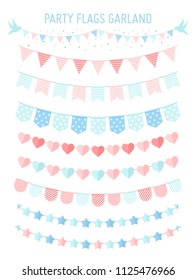Vector set of vintage bunting party flag garlands with confetti, stars, heart and birds. Design element for greeting card, poster, invitation, carnival, birthday party, decor, wedding.