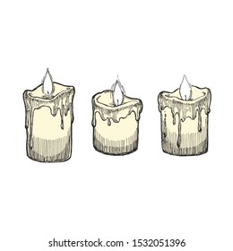 Vector set of vintage burning candles with wax drips isolated on white. Hand drawn illustration with holiday symbols.