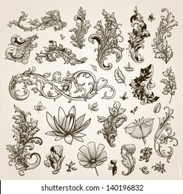 Vector set: vintage calligraphic design elements and page decoration for retro design with old ornaments and flowers. Old paper texture.