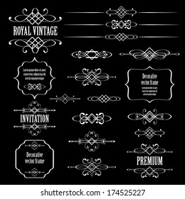 Vector set of vintage calligraphic design elements and page decor isolated on black background.