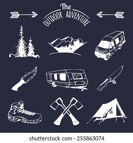 Vector set of vintage camping elements for logos, tourism emblems or badges. Retro signs collection of outdoor adventures.
