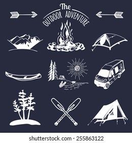 Vector set of vintage camping elements for logos, tourism emblems or badges. Retro signs collection of outdoor adventures.