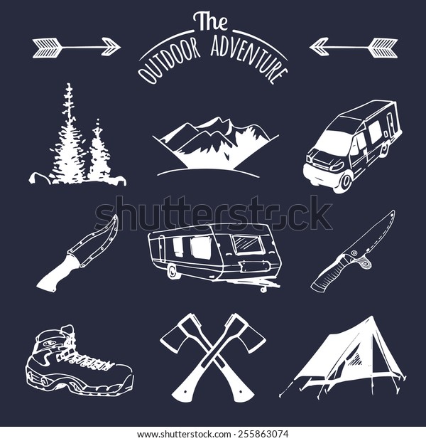 Vector set of vintage camping elements for\
logos, tourism emblems or badges. Retro signs collection of outdoor\
adventures.