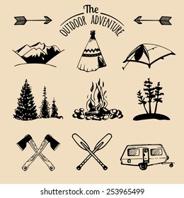 Vector set of vintage camping logo elements. Retro signs collection of outdoor adventures. Tourist sketches for emblems or badges.