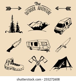 Vector set of vintage camping logo elements. Retro signs collection of outdoor adventures. Tourist sketches for emblems or badges.