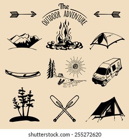 Vector set of vintage camping logo elements. Retro signs collection of outdoor adventures. Tourist sketches for emblems or badges.