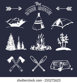 Vector set of vintage camping logo elements. Retro signs collection of outdoor adventures. Tourist sketches for emblems or badges.