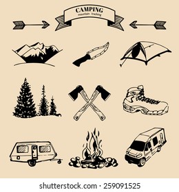 Vector set of vintage camping logo elements. Retro signs collection of outdoor adventures. Tourist sketches for emblems or badges.