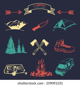 Vector set of vintage camping logo elements. Retro signs collection of outdoor adventures. Tourist sketches for emblems or badges.