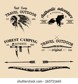 Vector set of vintage camping logo. Retro icons collection of outdoor adventures with Indian tribal elements.