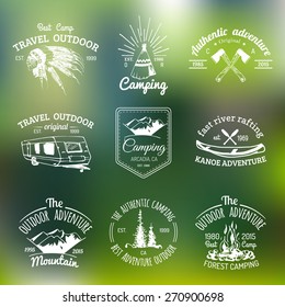 Vector set of vintage camping logo on the blur background. Retro icons collection of outdoor adventures with Indian elements