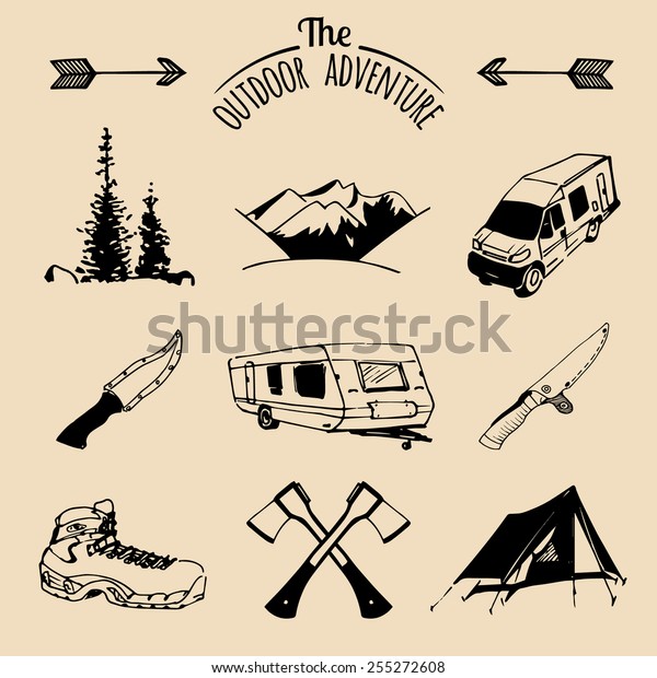 Vector set of vintage camping logo elements.\
Retro signs collection of outdoor adventures. Tourist sketches for\
emblems or badges.