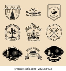 Vector set of vintage camping logos. Retro signs collection of outdoor adventures. Tourist sketches for emblems or badges.