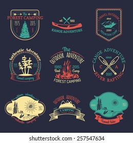 Vector set of vintage camping logos. Tourism emblems or badges. Retro signs collection of outdoor adventures.