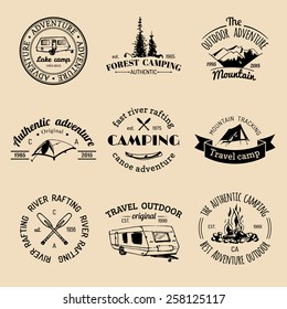 Vector set of vintage camping logos. Retro signs collection of outdoor adventures. Tourist sketches for emblems or badges.