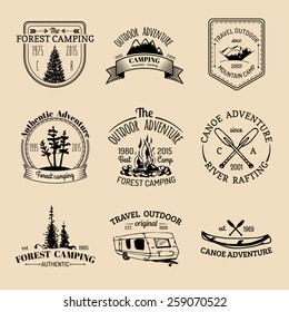 Vector set of vintage camping logos. Retro signs collection of outdoor adventures. Tourist sketches for emblems or badges.