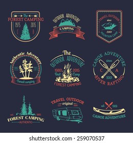 Vector set of vintage camping logos. Retro signs collection of outdoor adventures. Tourist sketches for emblems or badges.