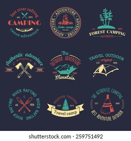 Vector set of vintage camping logos. Retro signs collection of outdoor adventures. Tourist sketches for emblems or badges.