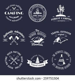 Vector set of vintage camping logos. Retro signs collection of outdoor adventures. Tourist sketches for emblems or badges.