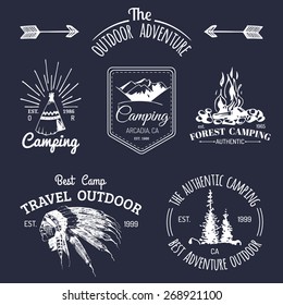 Vector set of vintage camping logos. Tourism emblems or badges. Retro signs collection of outdoor adventures with Indian elements.
