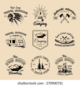 Vector set of vintage camping logos. Tourism emblems or badges. Retro signs collection of outdoor adventures with Indian elements.