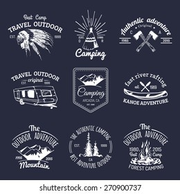 Vector set of vintage camping logos. Tourism emblems or badges. Retro signs collection of outdoor adventures with Indian elements.