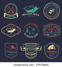 Vector set of vintage camping logos. Tourism emblems or badges. Retro signs collection of outdoor adventures.